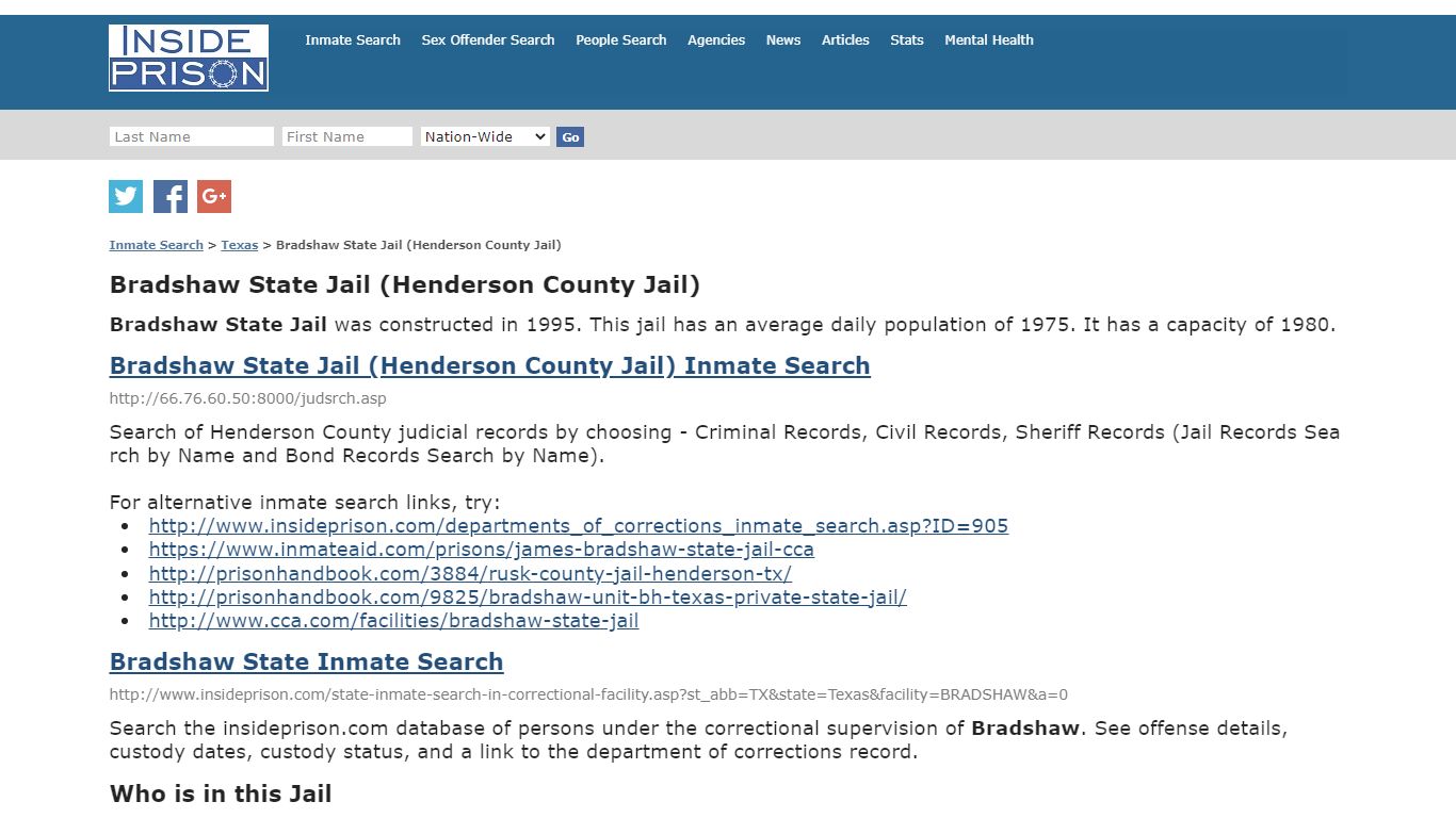 Bradshaw State Jail (Henderson County Jail) - Inmate Search