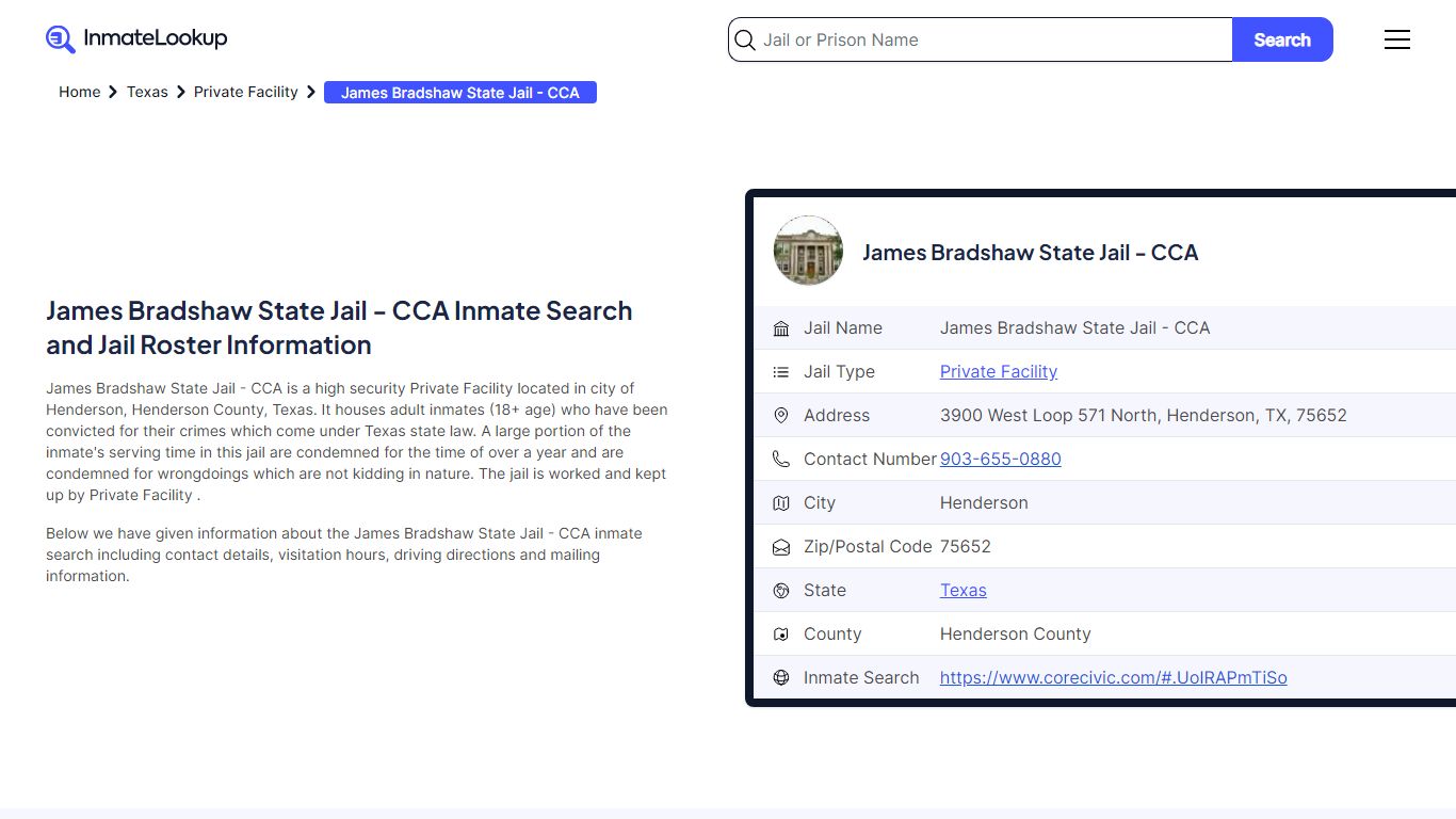 James Bradshaw State Jail - CCA Inmate Search, Jail ... - Inmate Lookup